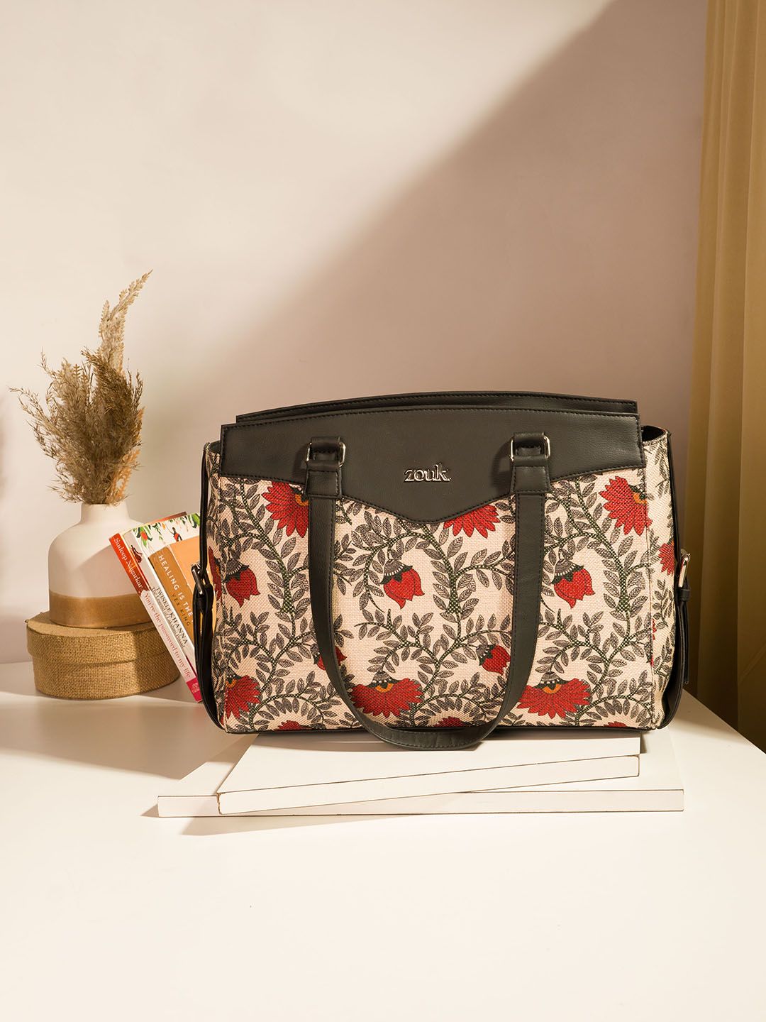 ZOUK Floral Printed Structured Jute Shoulder Bag-Upto 14"