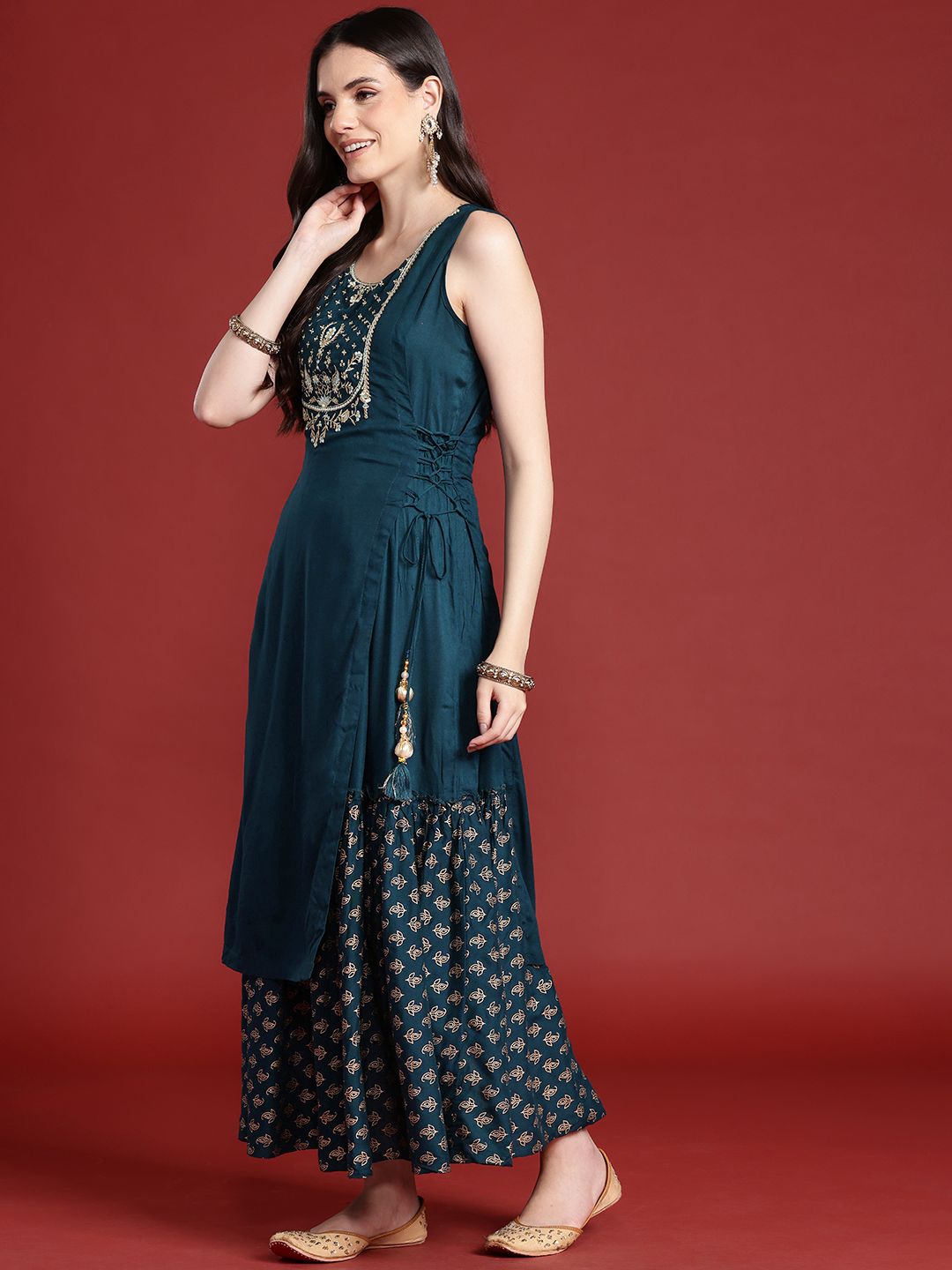 Anouk Ethnic Printed Yoke Embroidered Layered Kurta with Dupatta