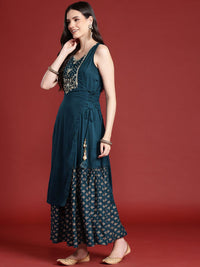 Anouk Ethnic Printed Yoke Embroidered Layered Kurta with Dupatta