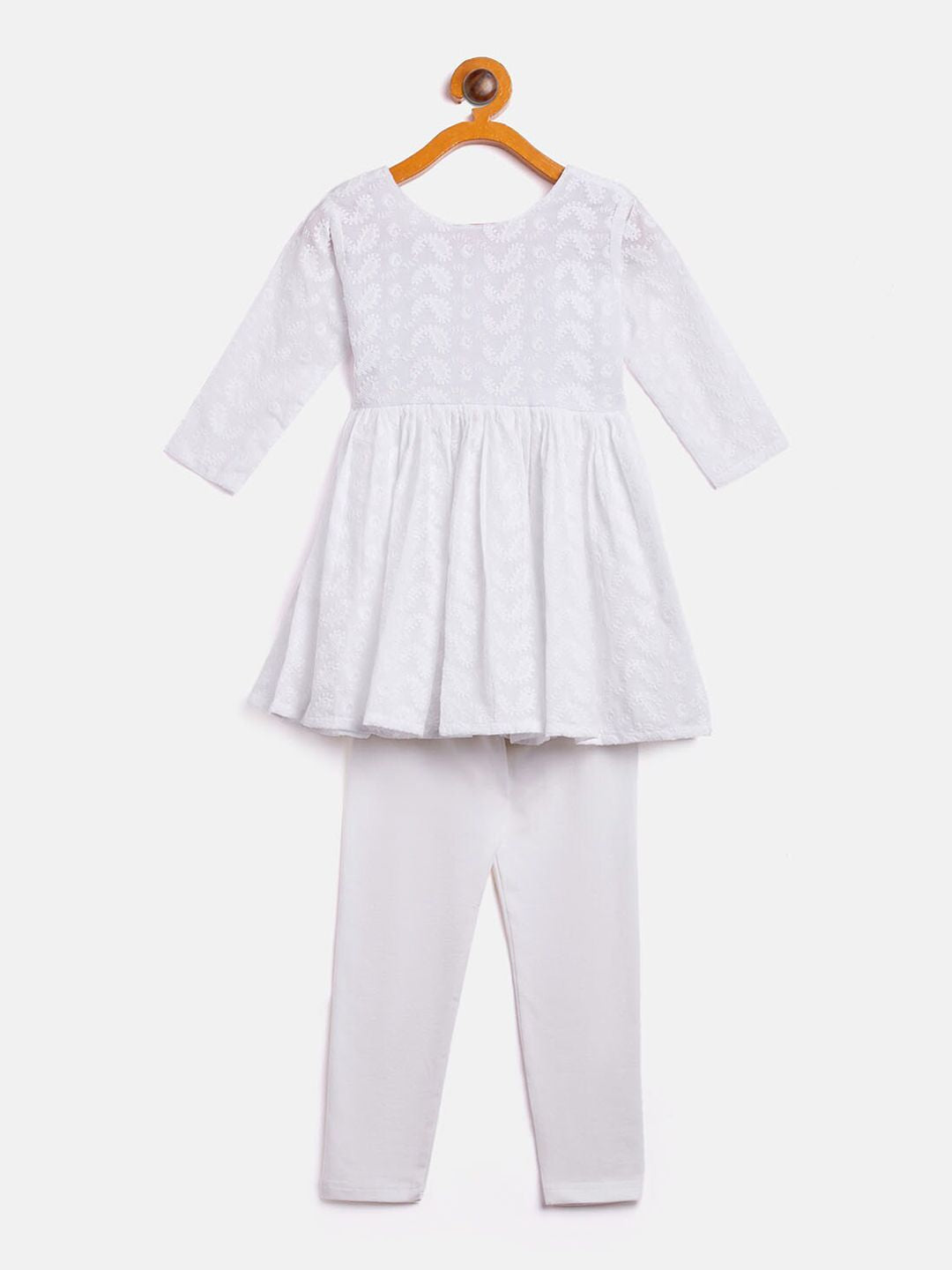 VASTRAMAY Girls Embroidered Round Neck Chikankari Pure Cotton Kurta With Legging