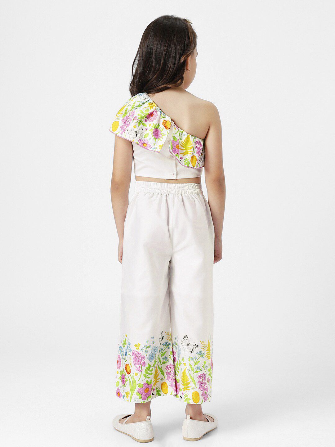 Nauti Nati Girls Printed One Shoulder Ruffles Pure Cotton Top with Trousers