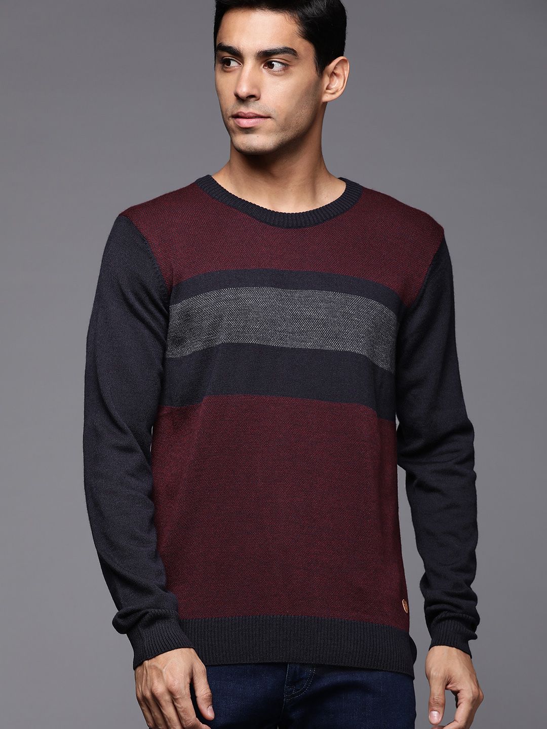 Raymond Men Maroon & Navy Blue Striped Woolen Pullover
