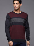 Raymond Men Maroon & Navy Blue Striped Woolen Pullover