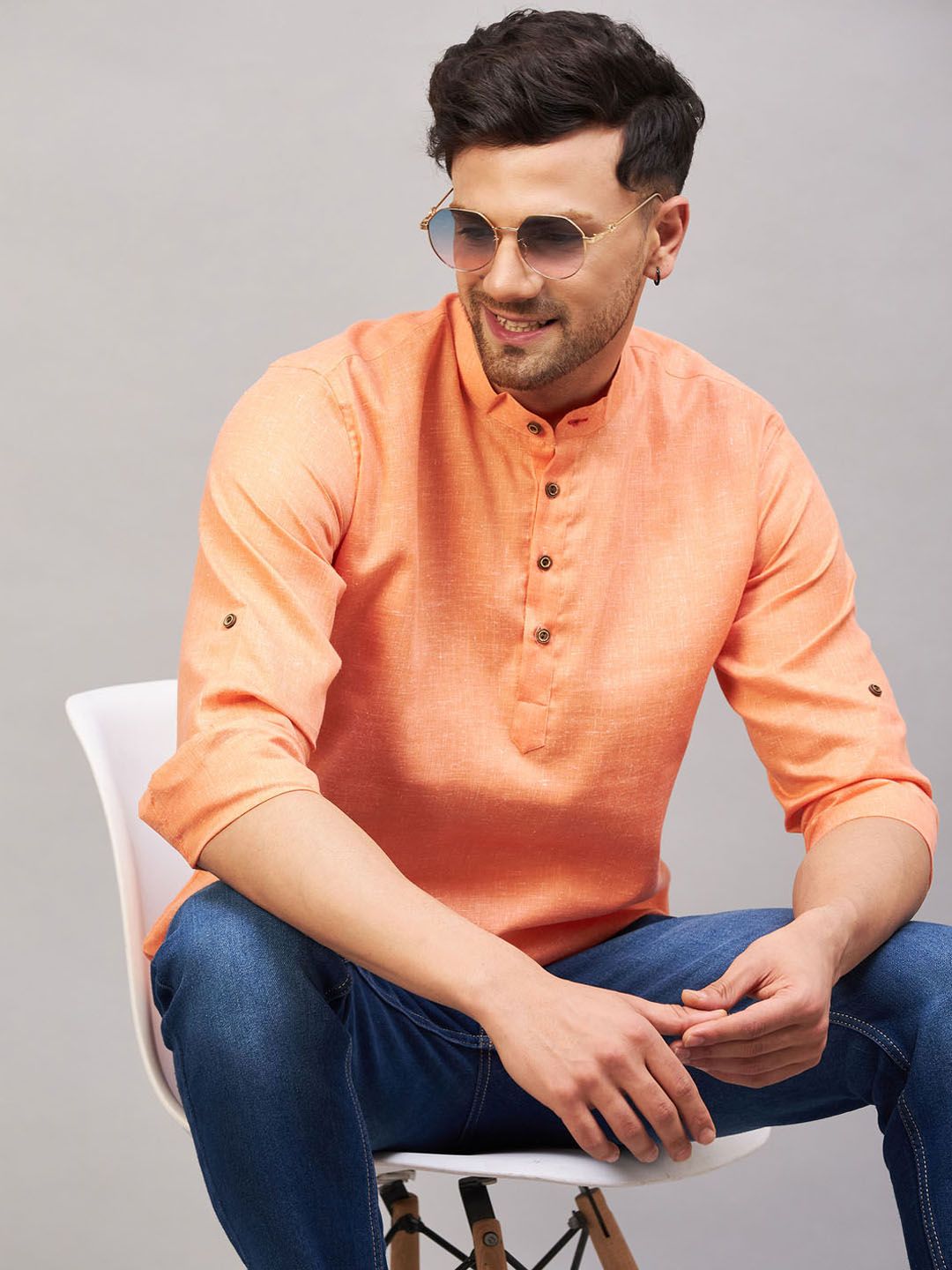 VASTRAMAY Band Collar Roll-Up Sleeves Cotton Straight Kurta