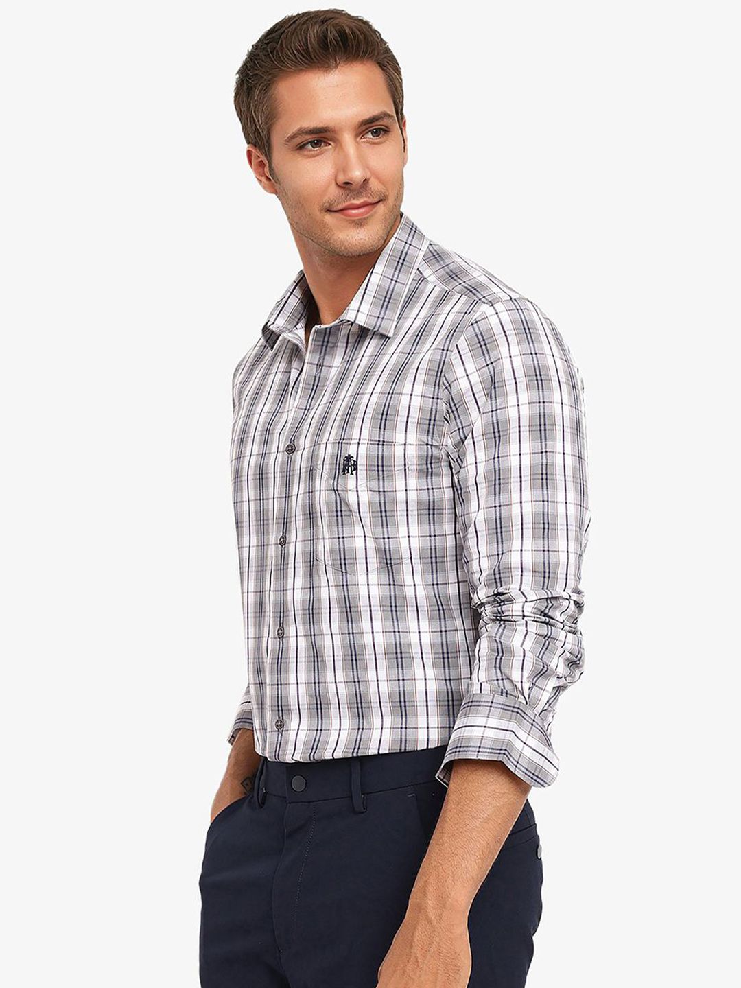 RARE RABBIT Men Comfort Spread Collar Tartan Checked Cotton Casual Shirt
