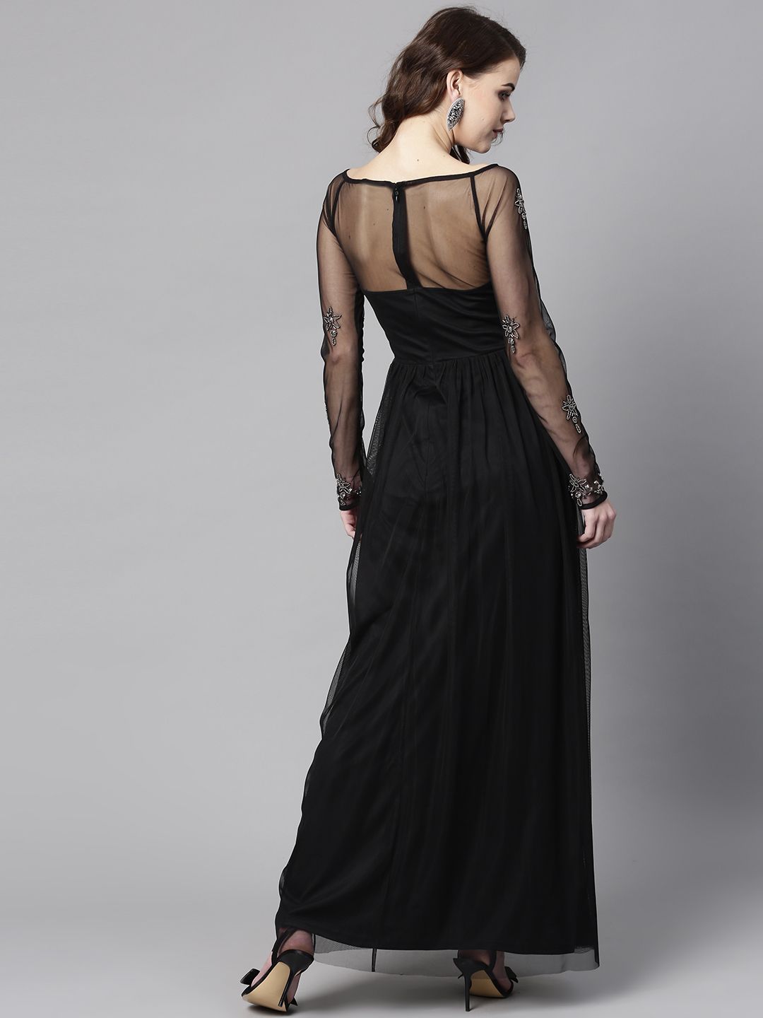 STREET 9 Women Black Solid Maxi Dress with Embellished Detail