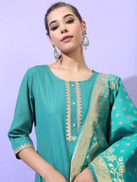 Vishudh Women Green Ethnic Motifs Printed Layered Kurti with Trousers & Dupatta