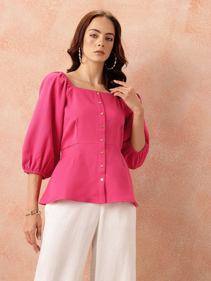 all about you Square Neck Puff Sleeves Button-Down A-Line Top
