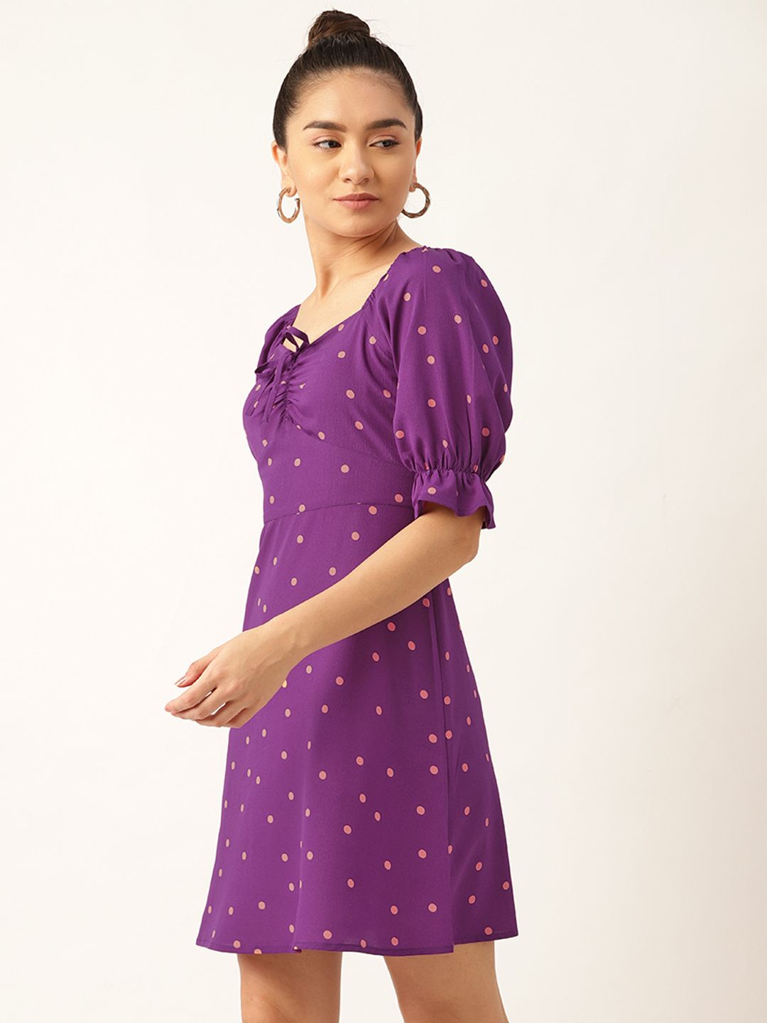 DressBerry Purple & Orange Polka Dots Printed A-Line Dress