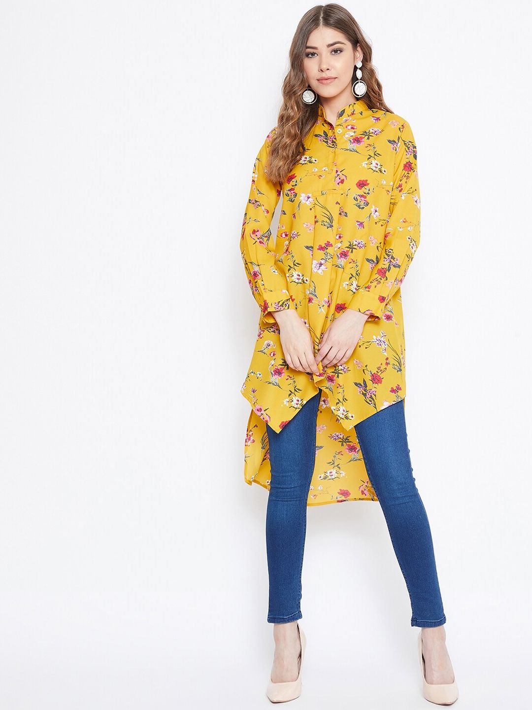 Berrylush Women Yellow Floral Printed Mandarin Collar Crepe Shirt Style Longline Top