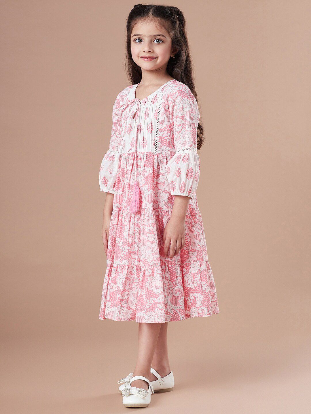 pspeaches Girls Tiered Floral Print Tie-Up Neck A-Line Midi Cotton Dress