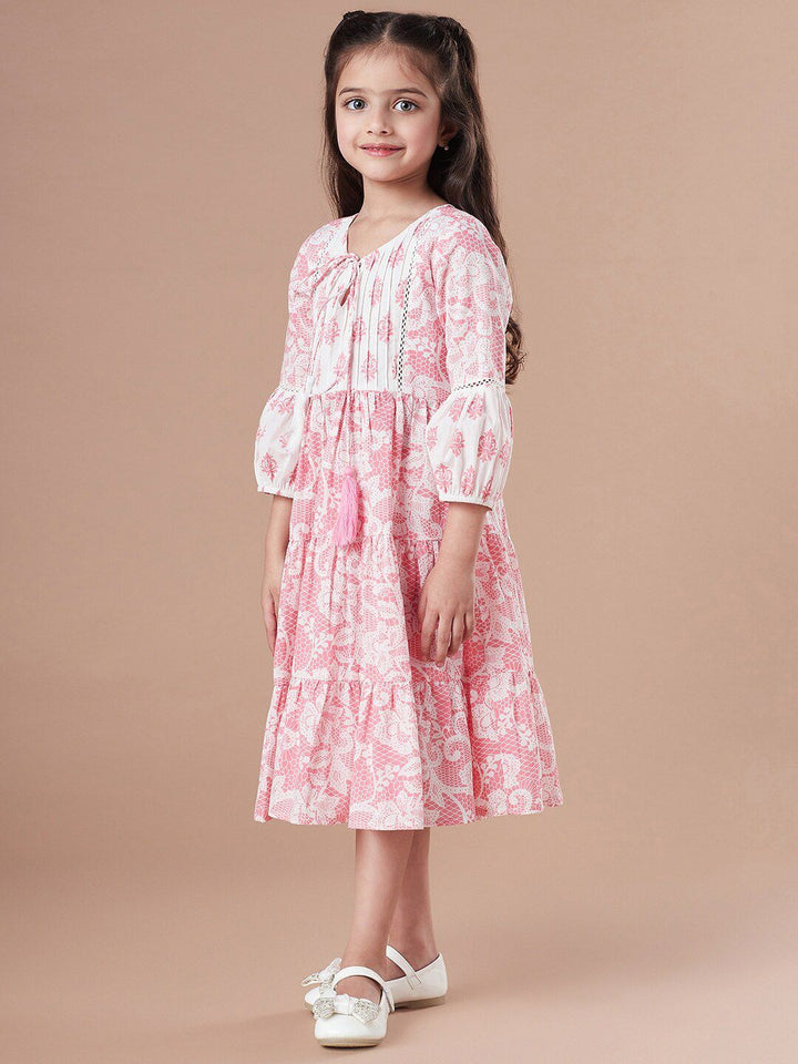 pspeaches Girls Tiered Floral Print Tie-Up Neck A-Line Midi Cotton Dress