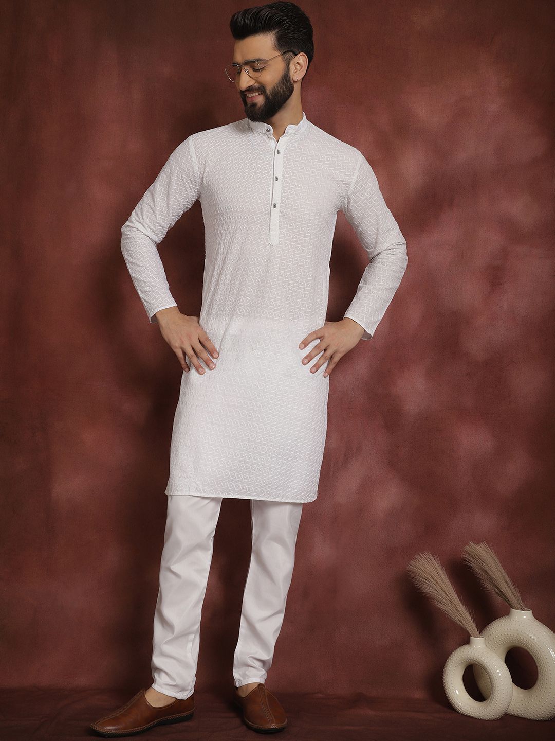 SOJANYA Band Collar Motif Etnik Benang Kerja Cotton Kurta
