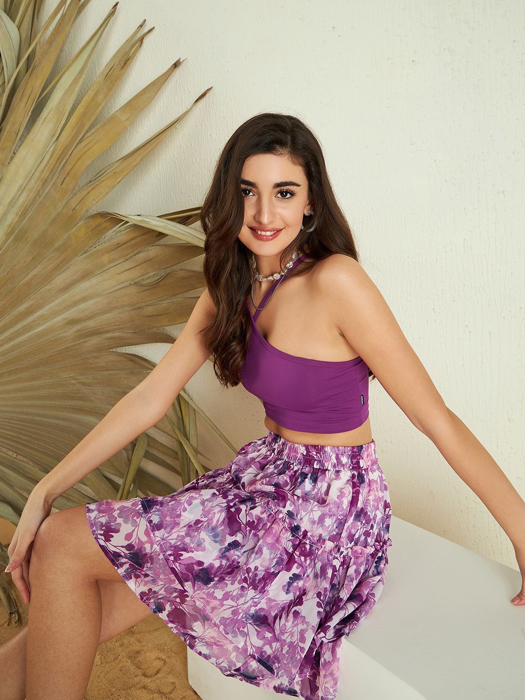 Berrylush White Purple Floral Printed High Rise Flared Mini Skirt
