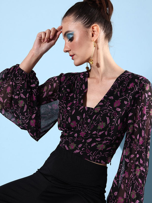 QUIERO Black & Pink Floral Print Bishop Sleeves Crop Top