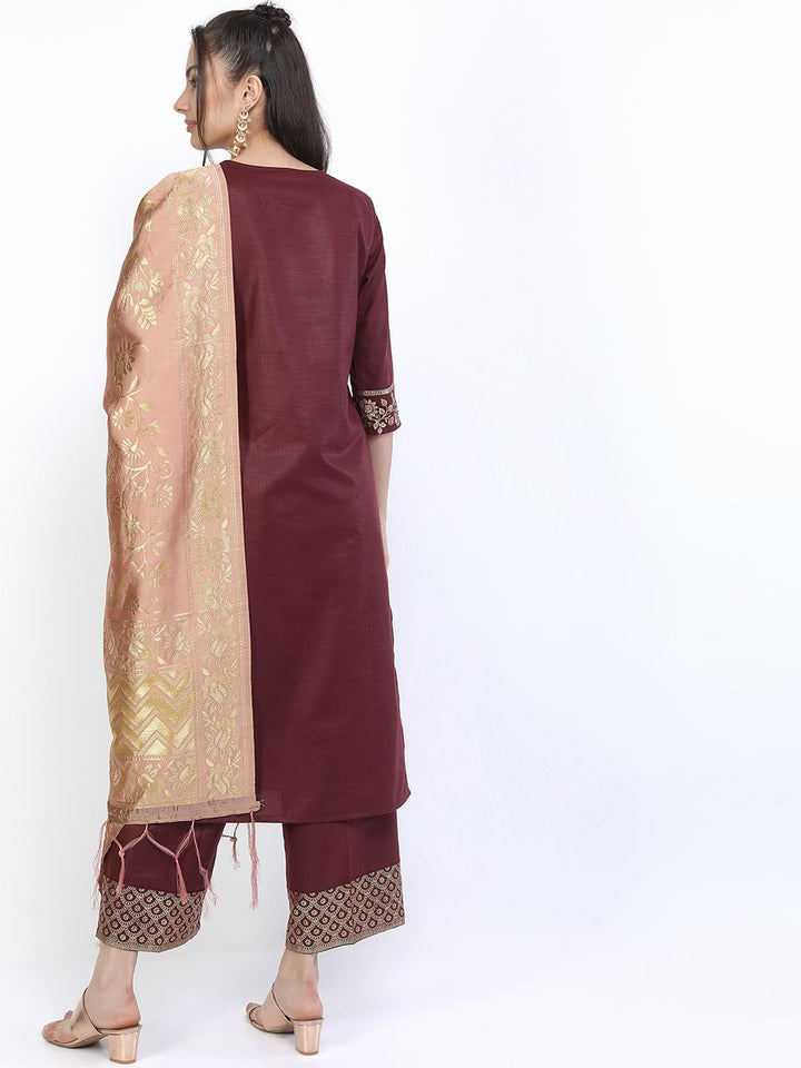 Vishudh Women Burgundy Kurta with Trousers & With Dupatta