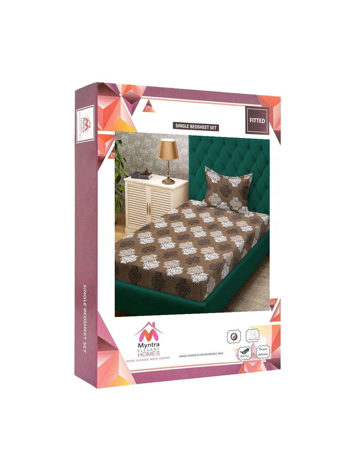 Myntra Elegant Homes Brown Floral 400 TC Cadar Katil Single dengan 1 Sarung Bantal