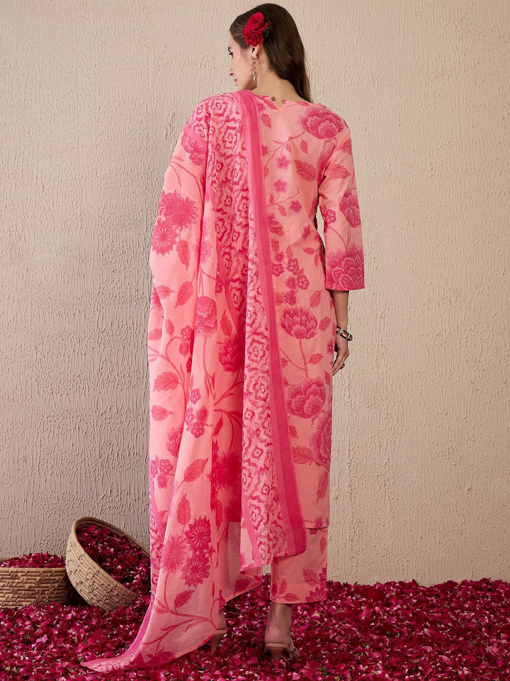 Indo Era Women Floral Printed Regular Pure Cotton Kurta with Trousers & With Dupatta