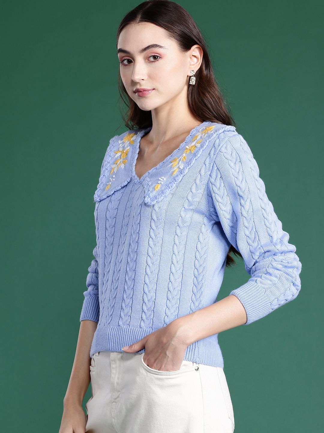 DressBerry Floral Embroidered Cable Knit Acrylic Pullover