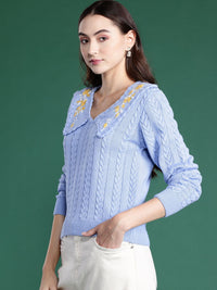 DressBerry Floral Embroidered Cable Knit Acrylic Pullover