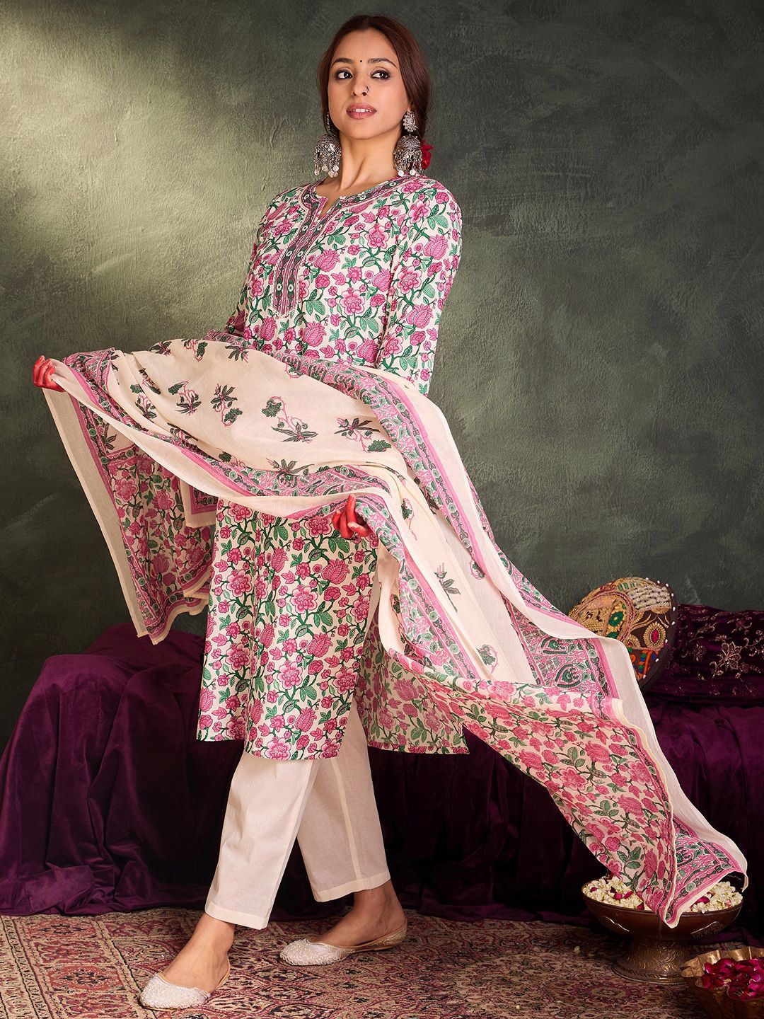 Indo Era Floral Printed Pure Cotton Straight Kurta With Trousers & Dupatta