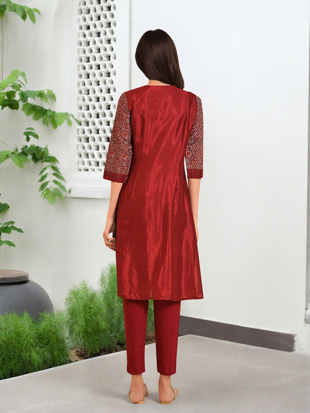 W Red Ethnic Motifs Embroidered Patchwork Kurta