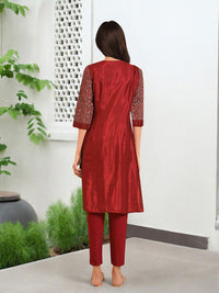W Red Ethnic Motifs Embroidered Patchwork Kurta