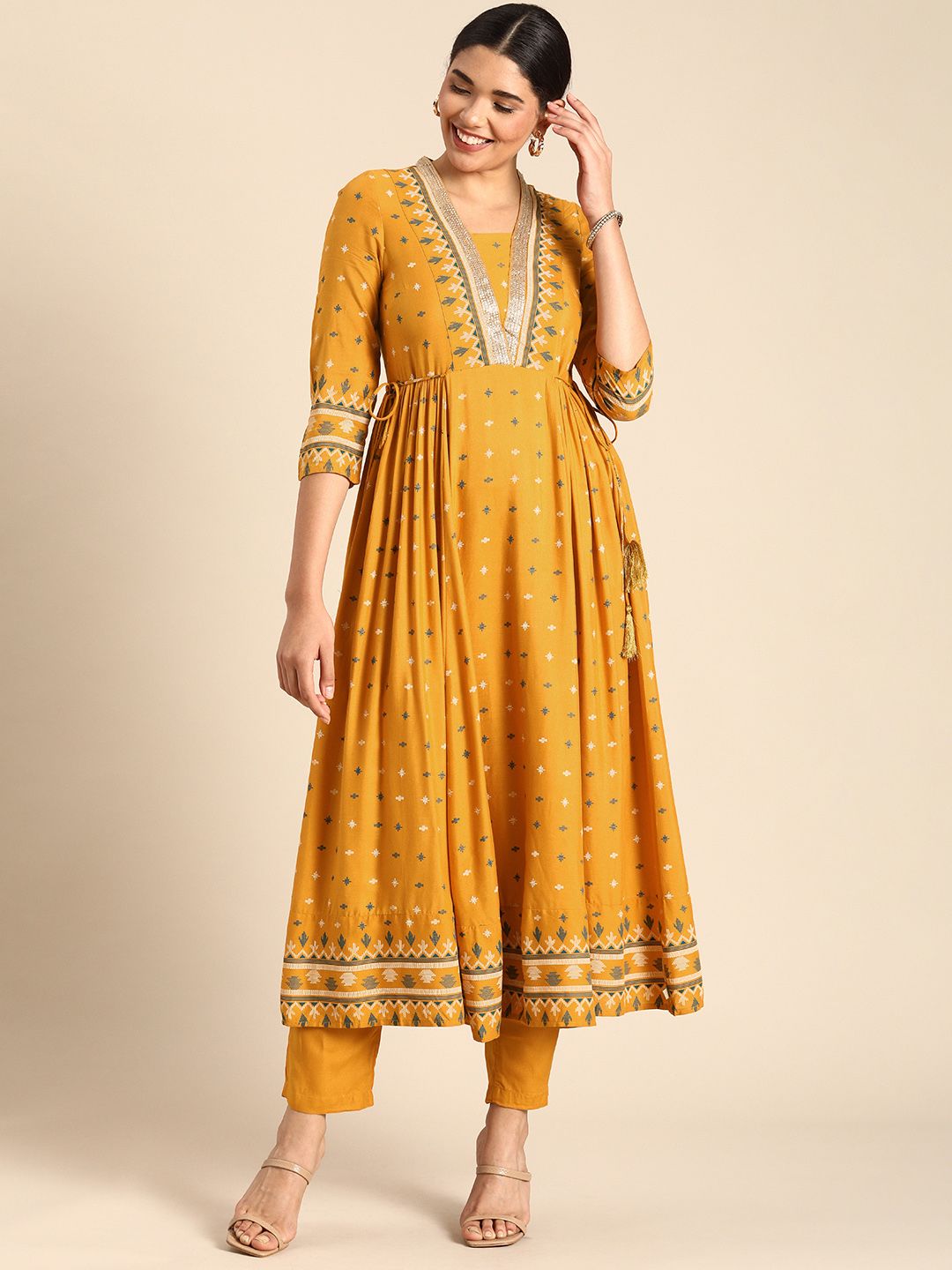 Anouk Women Mustard Yellow & Green Printed Pleated Kurta with Trousers