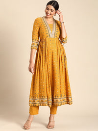 Anouk Women Mustard Yellow & Green Printed Pleated Kurta with Trousers