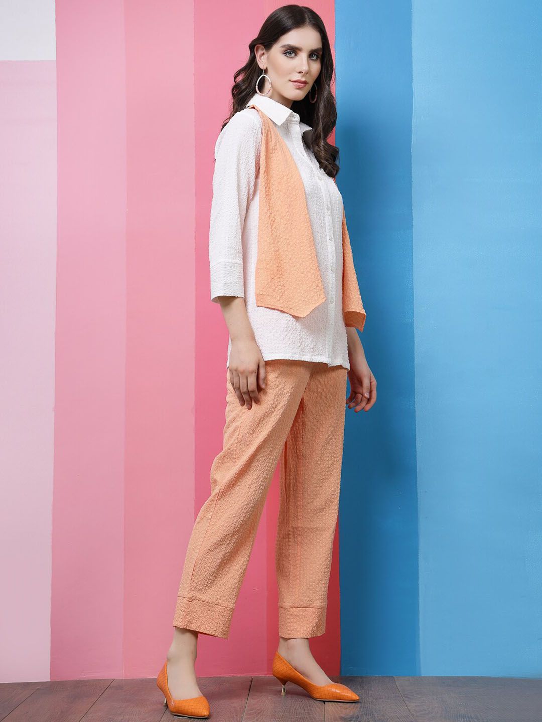 Athena White & Peach Self-Design Shirt Collar Shirt With Trousers & Scarf Co-Ords