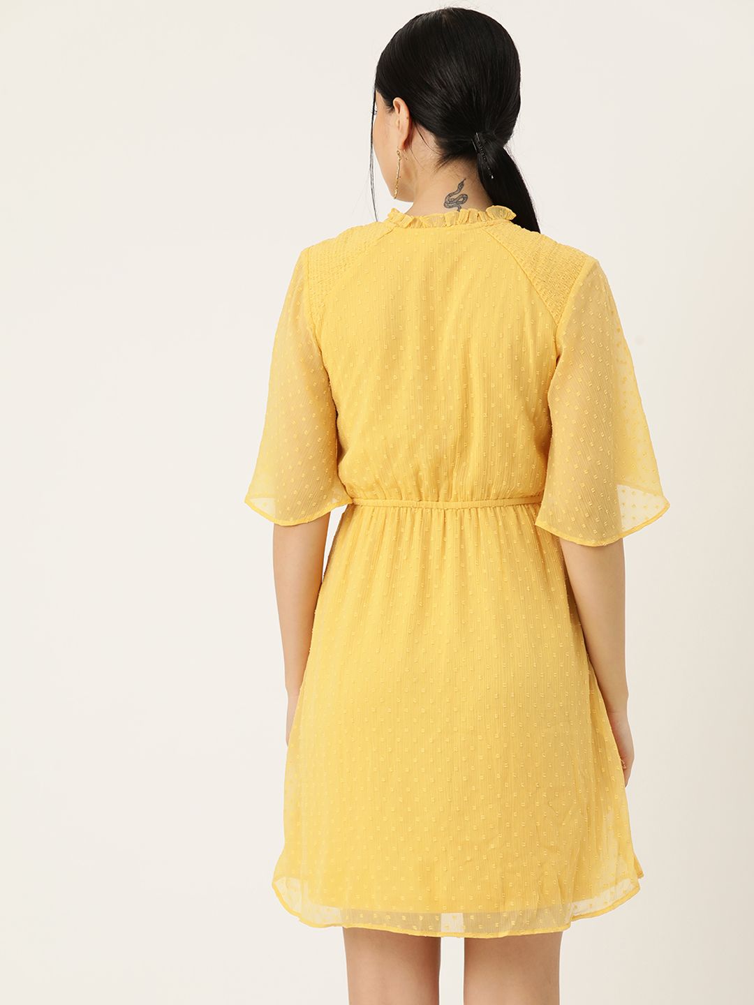 AND Yellow Self Design Tie-Up Neck Fit & Flare Dress
