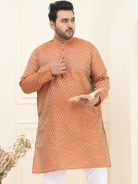 SOJANYA PLUS Lelaki Rust & Golden Jacquard Tenunan Sutera Rekaan Lurus Kurta