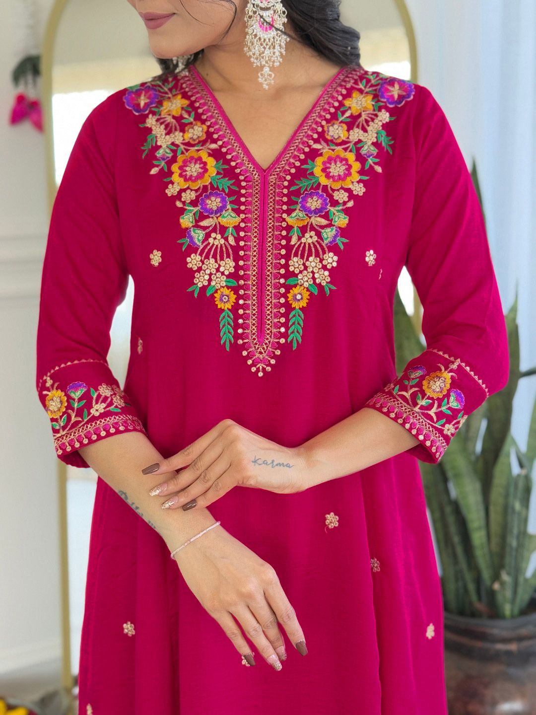 KALINI Women Floral Embroidered Regular Thread Work Kurta with Trousers & With Dupatta