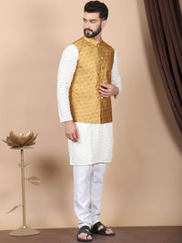 Anouk Cream-Coloured Floral Embroidered Pure Cotton Kurta with Churidar & Nehru Jacket