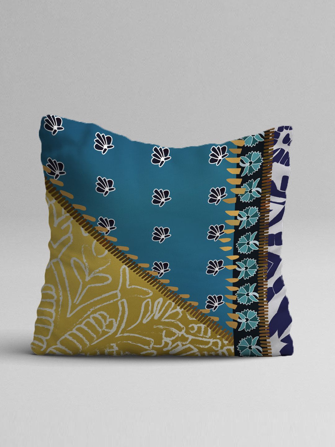 STITCHNEST Set of 5 Blue & Mustard Ethnic Motifs 16'' x 16'' Cushion Cover