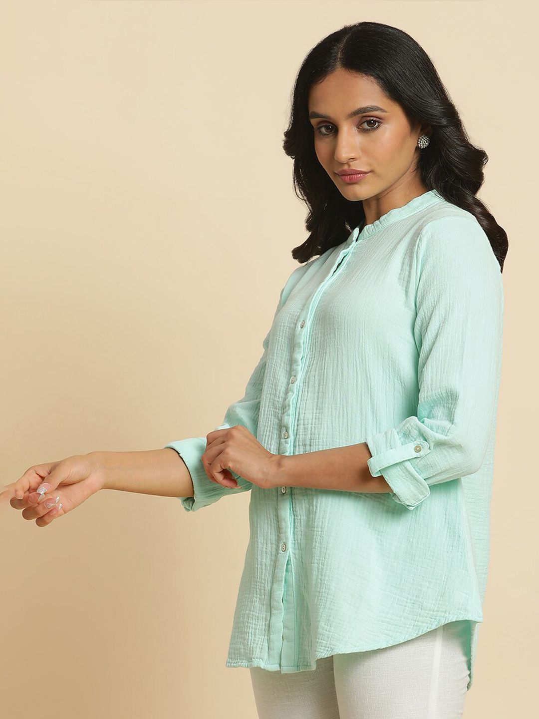 W Mandarin Collar Roll Up Sleeves Cotton Shirt Style Top
