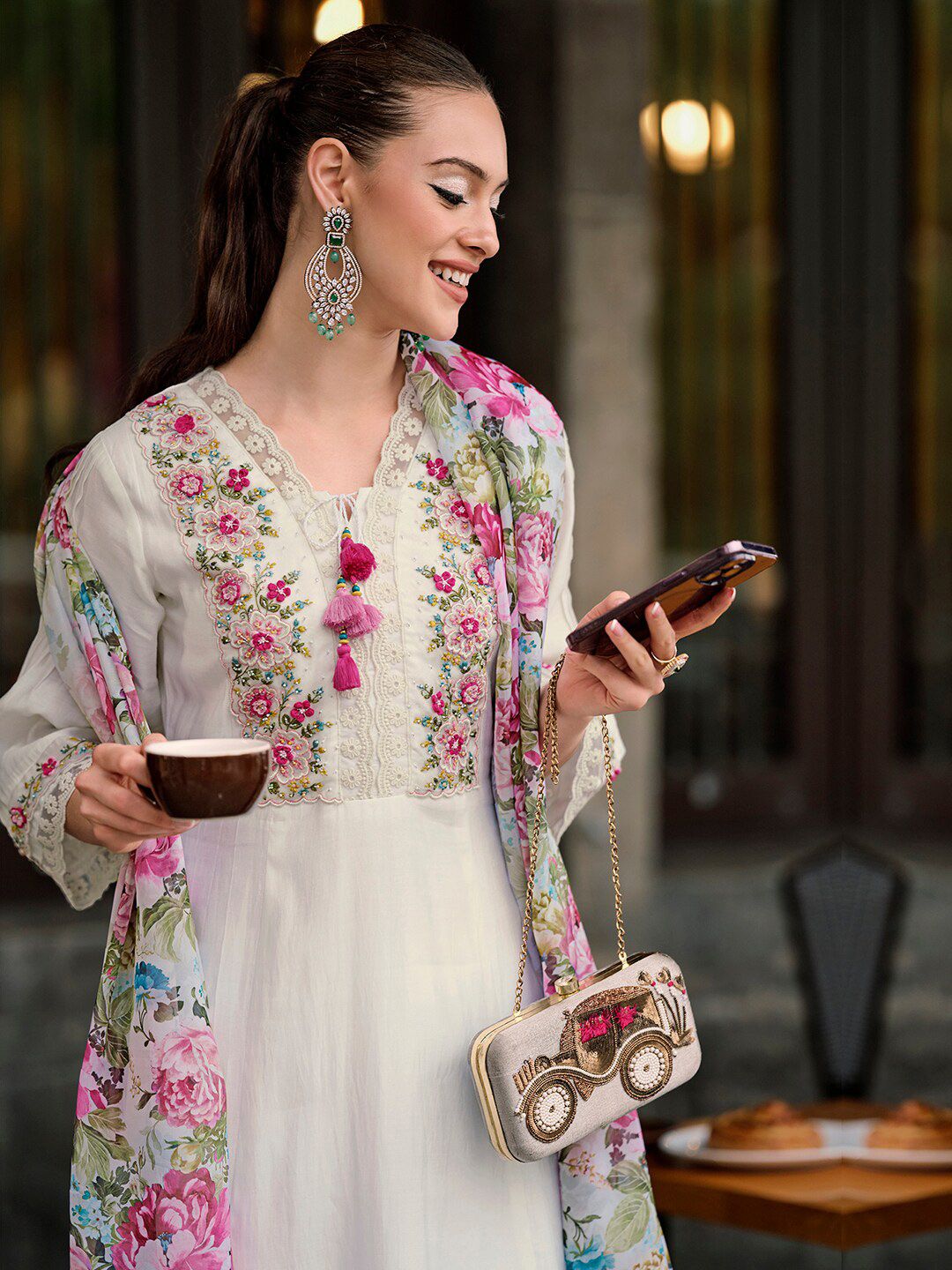 Indo Era Floral Embroidered Thread Work A-Line Kurta With Trousers & Dupatta