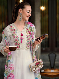 Indo Era Floral Embroidered Thread Work A-Line Kurta With Trousers & Dupatta