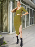 SASSAFRAS Striped V-Neck Cut-Out Detail Sheath Dress