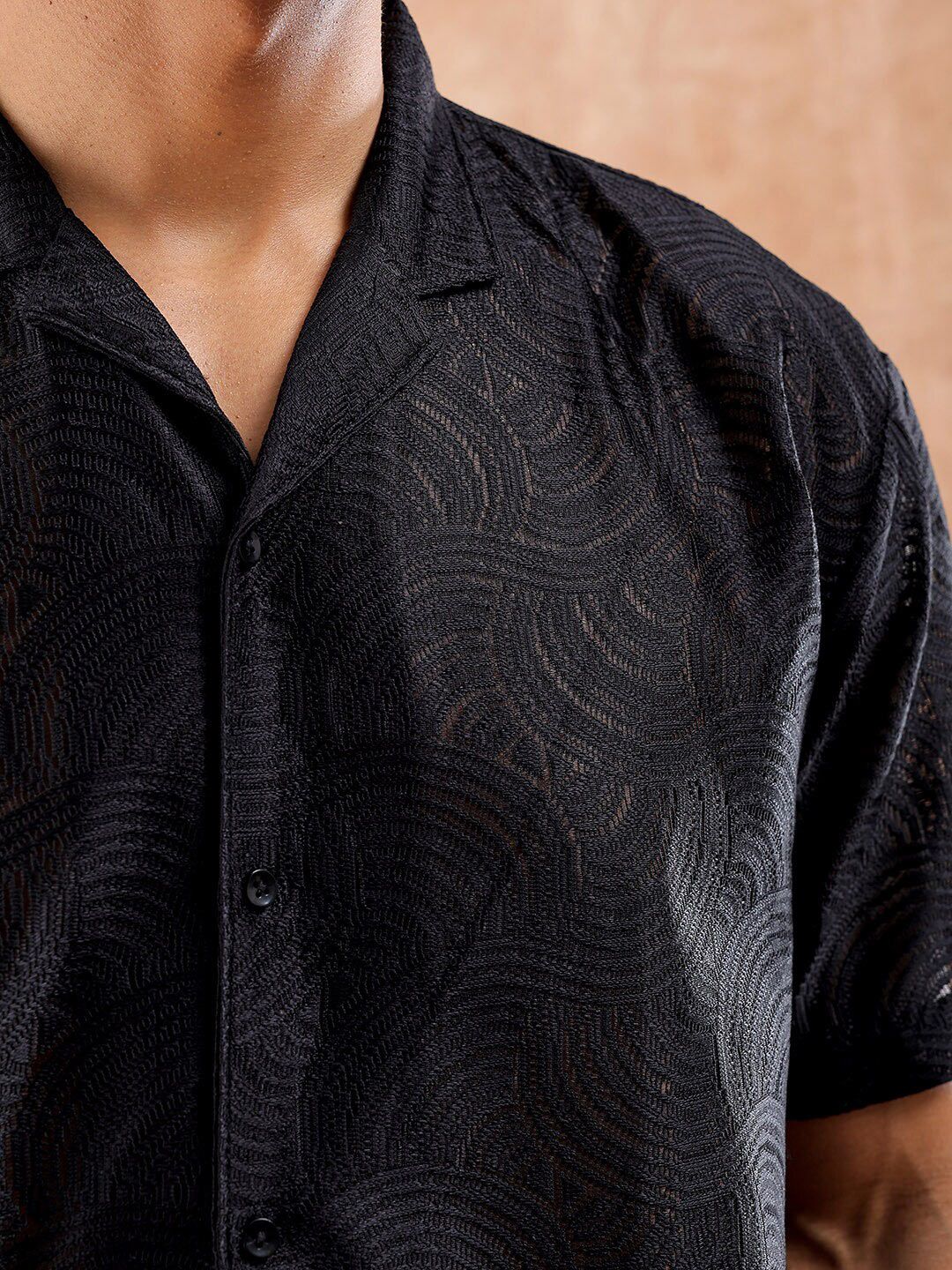 The Indian Garage Co Men Relaxed Fit Solid Warp Knit Lace Resortwear Shirt