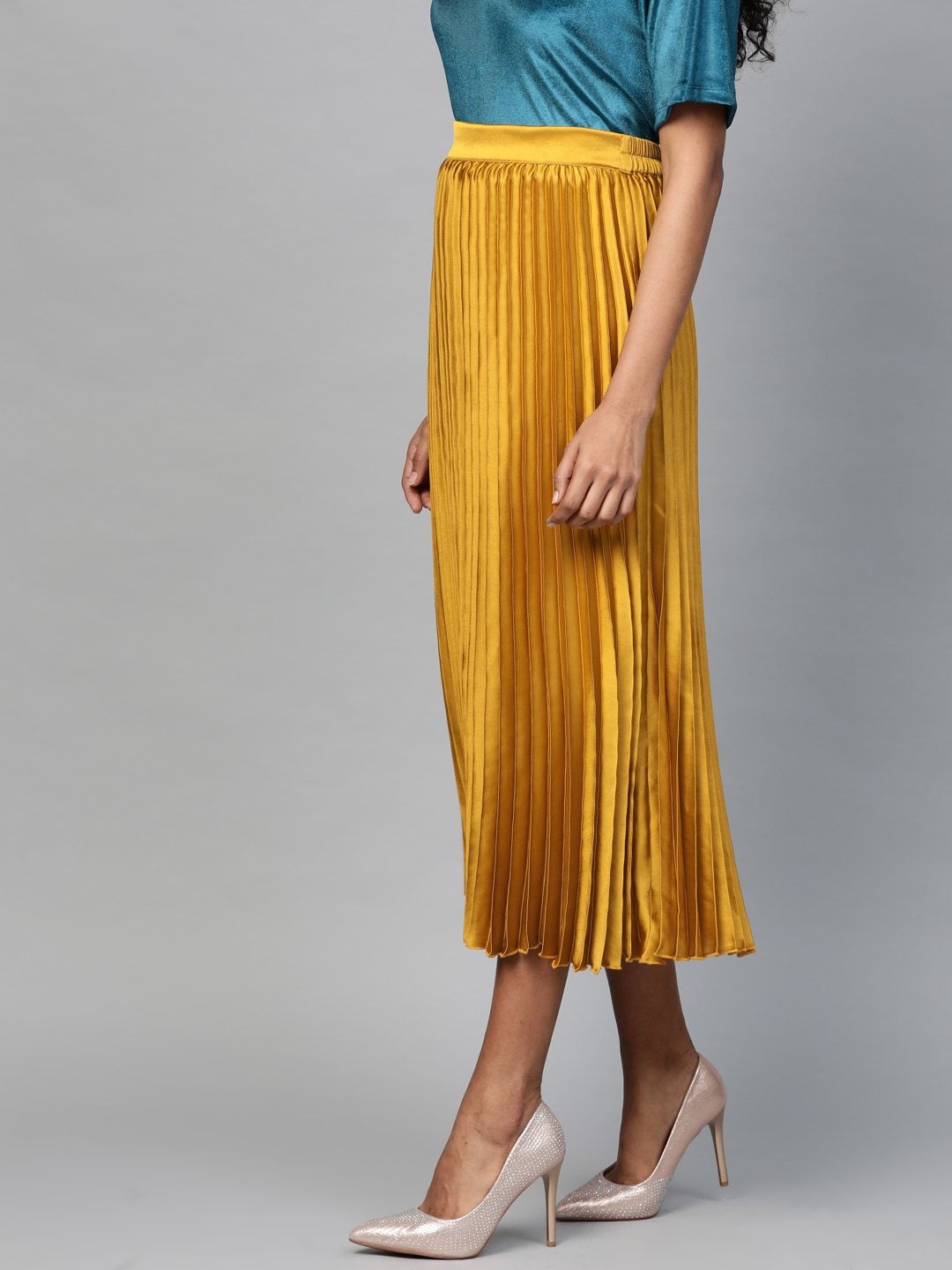 SASSAFRAS Mustard Yellow Accordion Pleated Satin Finish Flared Midi Skirt
