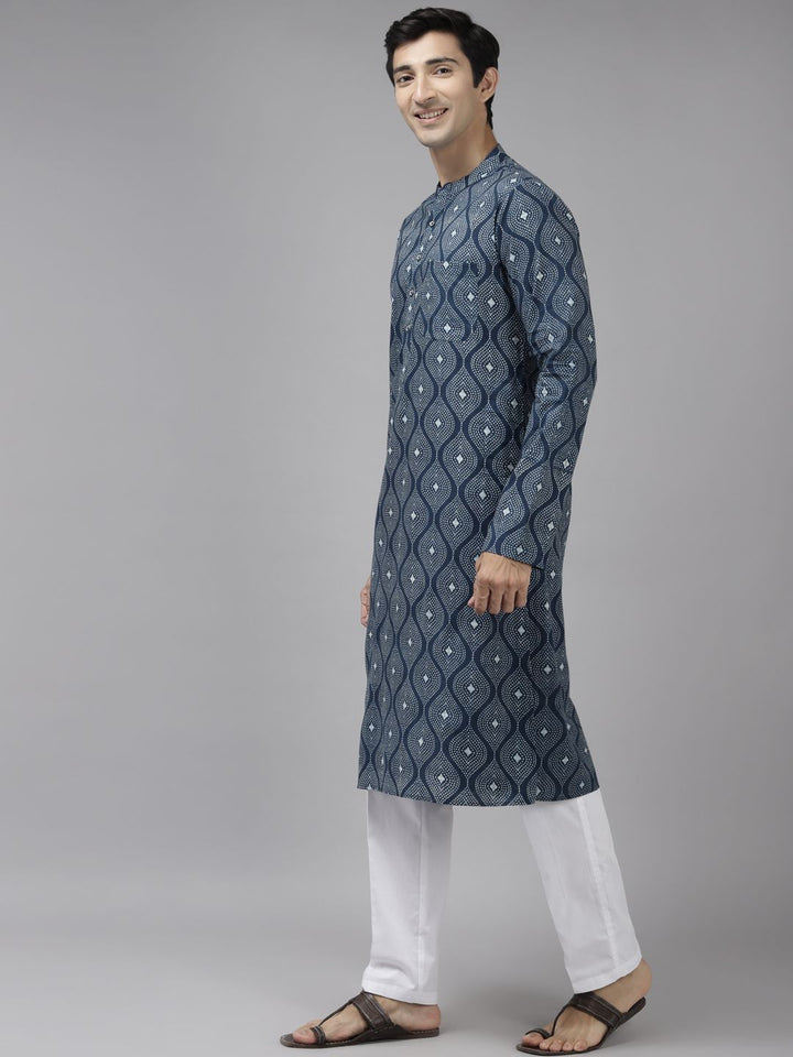See Designs Men Blue Printed Pure Cotton Indigo Kurta with Trousers