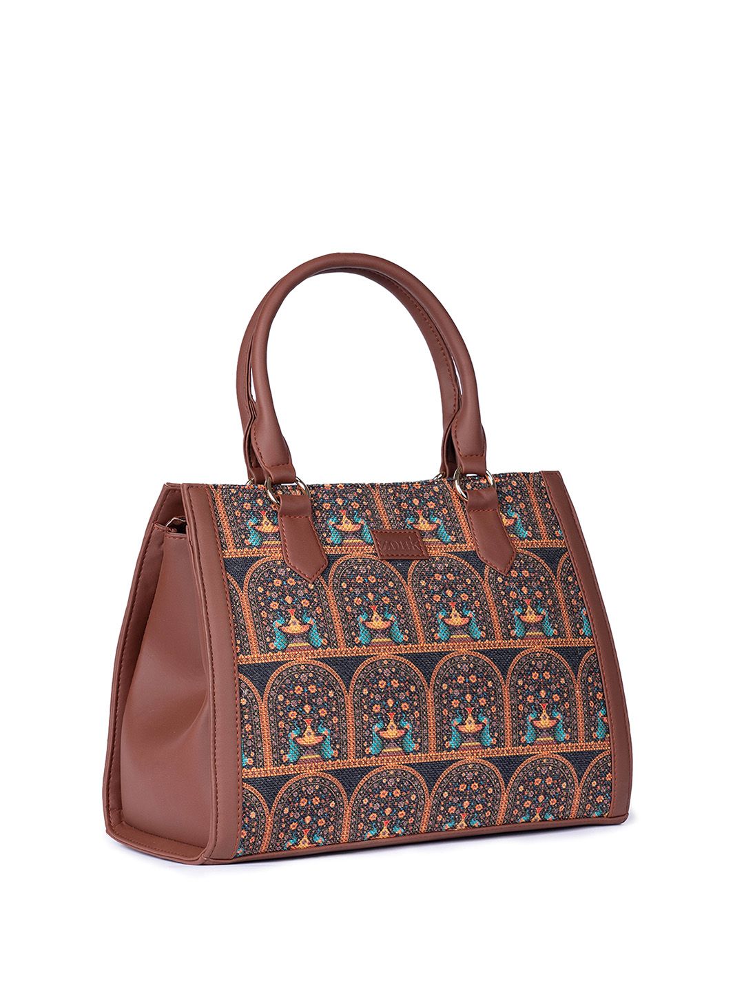 ZOUK Ethnic Motifs Printed Structured Jute Handheld Bag
