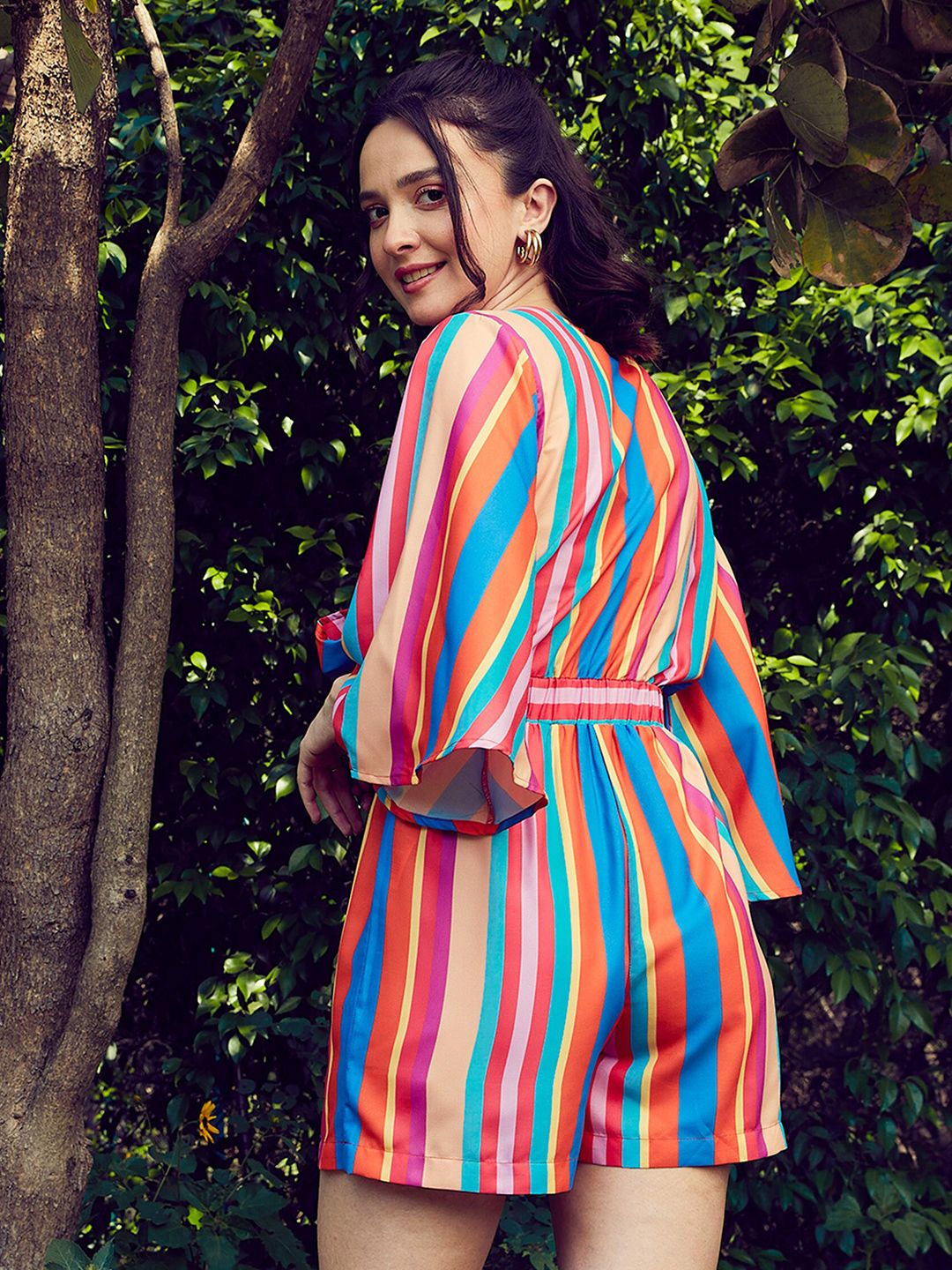 SASSAFRAS Blue & Pink Striped Front Tie Knot Playsuit