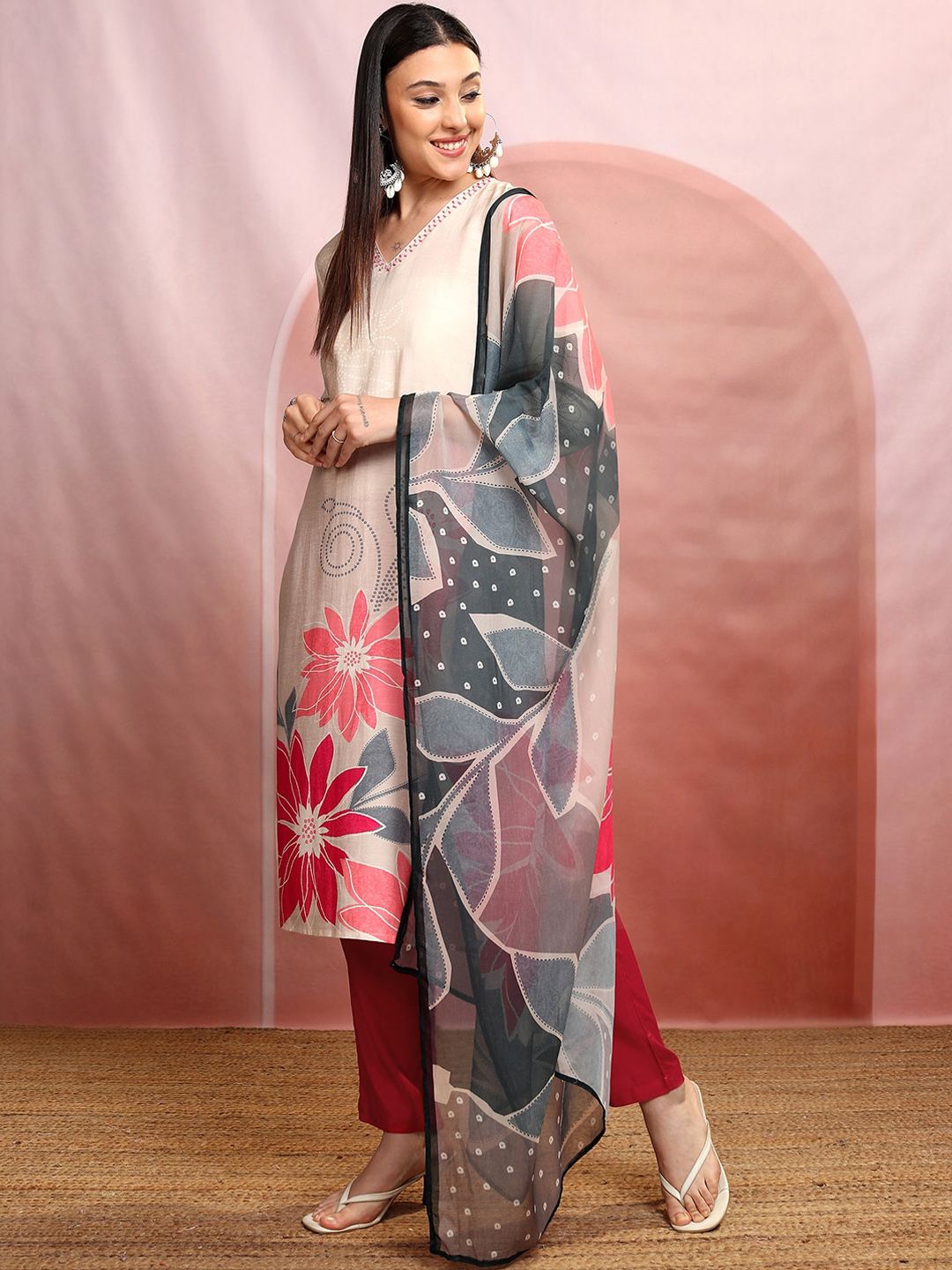 Vishudh Floral Printed Pure Cotton Straight Kurta & Trousers With Dupatta