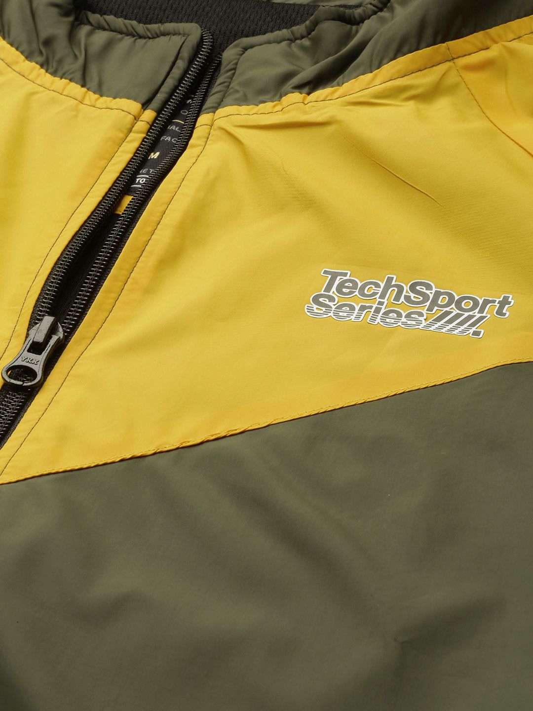 The Indian Garage Co Men Olive Green & Yellow Colourblocked Windcheater Jacket