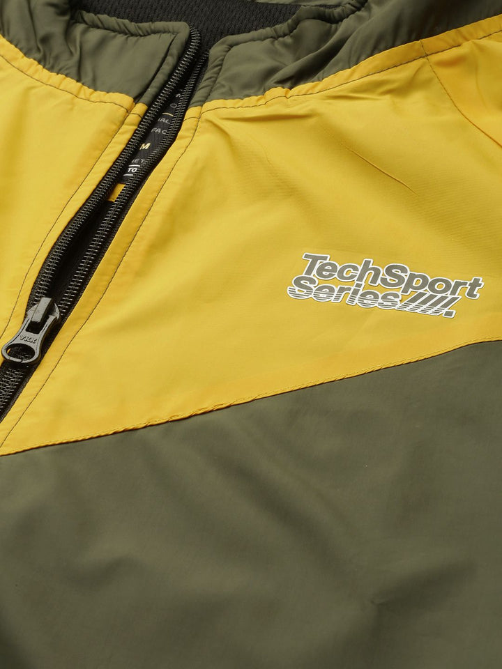 The Indian Garage Co Men Olive Green & Yellow Colourblocked Windcheater Jacket