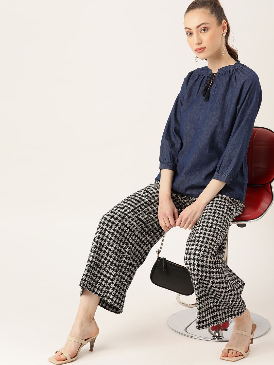 DressBerry Navy Blue Solid Tie-Up Neck Chambray Pure Cotton Top