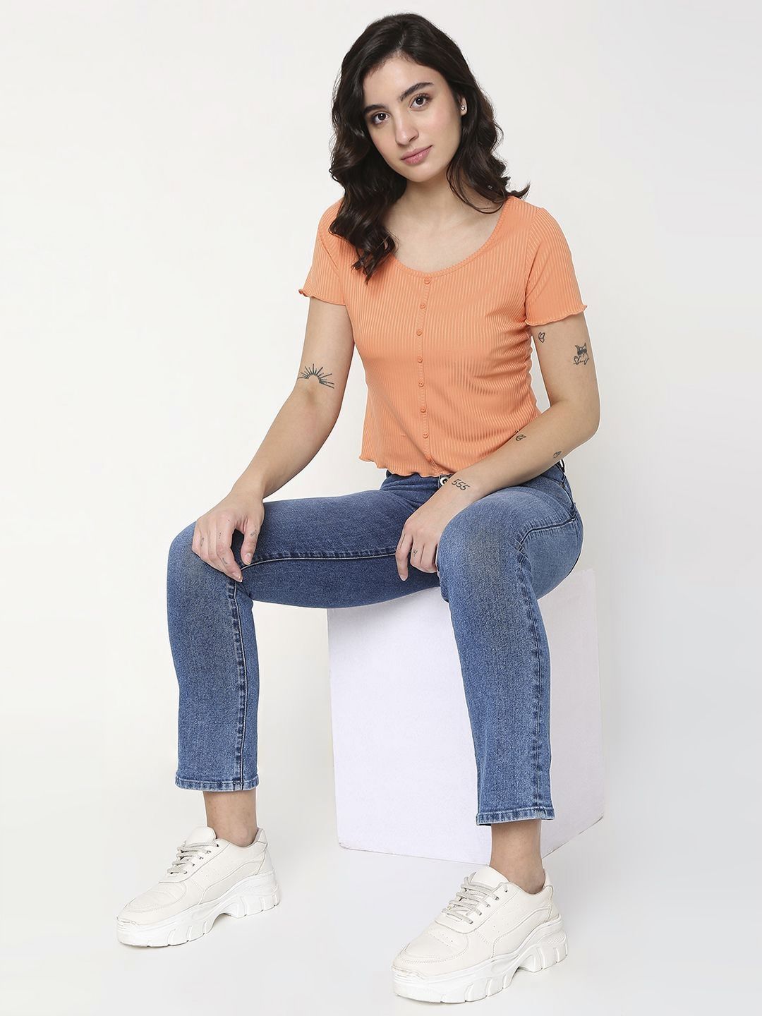 SPYKAR Women Solid Round Neck Cotton Slim Fit T-Shirt