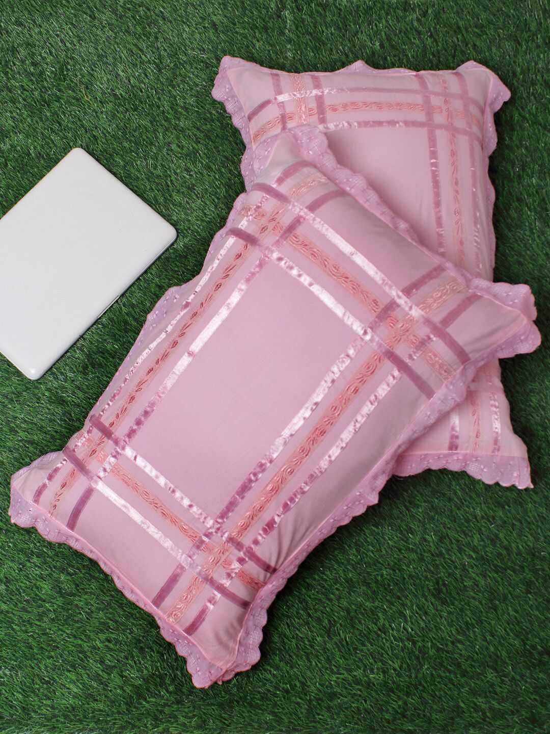 HOSTA HOMES Set Of 2 Pink Embroidered Lace 280 TC Pillow Covers